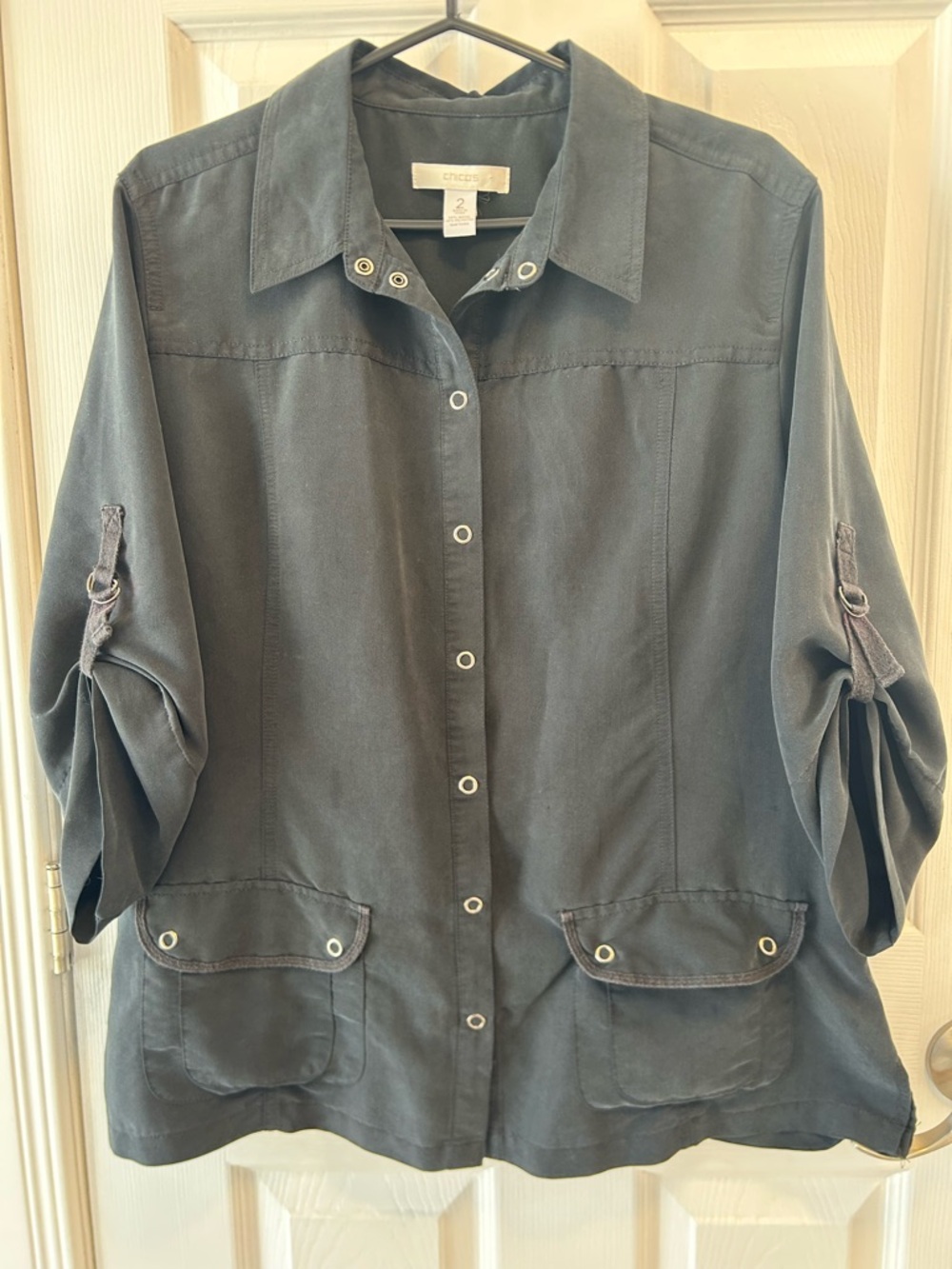 Chico's Dark Gray/Washed Black Button-Front Shirt Jacket